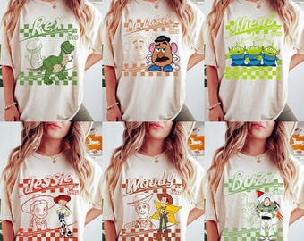 Spersonalizowana koszula w kratkę z podpisem postaci z filmu Disney Pixar Toy Story, Woody, Buzz, Jessie, Bo Peep, spersonalizowana koszulka grupowa