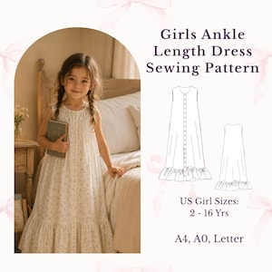 Girls Maxi Dress Sewing Pattern | Button Front Ruffle Dress | Sleeveless Tent Summer Outfit