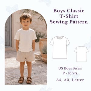 May include: A sewing pattern for a classic t-shirt featuring the text Boys Classic T-Shirt Sewing Pattern, US Boys Sizes: 2 - 16 Yrs, and A4, A0, Letter. The image includes a line drawing of the t-shirt front and back views.