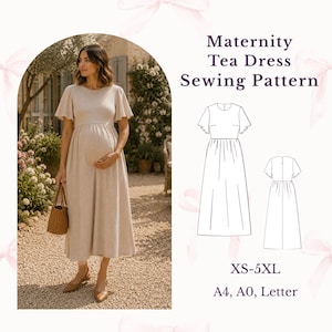 Può includere: Un cartamodello per un abito premaman, con il testo Maternity Tea Dress Sewing Pattern, XS-5XL e A4, A0, Letter. L'immagine mostra un disegno al tratto del davanti e del dietro dell'abito, insieme a una fotografia dell'abito indossato.