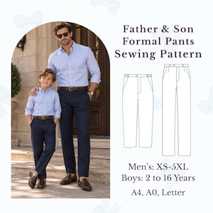 May include: A sewing pattern for formal pants titled Father & Son Formal Pants Sewing Pattern. The image displays a technical line drawing of trousers and text indicating sizes for men XS-5XL and boys 2 to 16 years, with A4, A0, and Letter formats.
