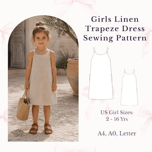 Girls Linen Trapeze Dress Sewing Pattern | Kids Sleeveless Pocket Dress (Ages 2-16)