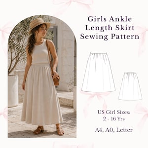 May include: A sewing pattern for a girls ankle length skirt, featuring text that reads Girls Ankle Length Skirt Sewing Pattern, US Girl Sizes: 2 - 16 Yrs, and A4, A0, Letter. The image includes a line drawing of the skirt and a photograph of a person.