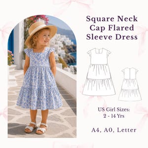 Patrón de costura en PDF para vestido de niña con escote cuadrado y volantes, conjunto para niña pequeña con mangas acampanadas y volantes (hazlo tú mismo)