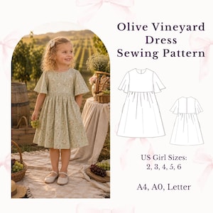 Peut inclure: Patron de couture Olive Vineyard Dress présentant une robe à fleurs vert clair avec des manches évasées et une jupe froncée. Inclut un dessin technique de face et de dos de la robe, tailles américaines 2, 3, 4, 5, 6, et formats A4, A0, Letter.