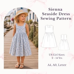 May include: Sienna Seaside Dress Sewing Pattern featuring a blue and white floral print sleeveless dress with a square neckline and gathered skirt. Includes technical line drawings of the dress and text specifying US Girl Sizes 2-14 Yrs and A4, A0, Letter formats.