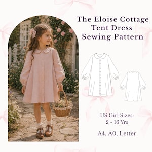 Könnte beinhalten: The Eloise Cottage Tent Dress Schnittmuster für US-Mädchengrößen von 2 bis 16 Jahren, erhältlich in A4, A0 und Letter. Das Bild zeigt ein hellrosa Kleid mit langen Ärmeln, Bubikragen und durchgehender Knopfleiste sowie eine technische Zeichnung.