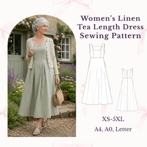 May include: A tea length dress sewing pattern featuring a sage green sleeveless dress with a square neckline and a full skirt. The image includes a technical line drawing of the dress, sizes XS-5XL, and paper formats A4, A0, and Letter.