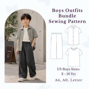 Könnte beinhalten: Ein Schnittmuster-Set für Jungen-Outfits, bestehend aus einem kurzärmeligen Hemd, einem T-Shirt und einer Hose. Der Text lautet: Boys Outfits Bundle Sewing Pattern, US Boys Sizes: 2 - 16 Yrs, A4, A0, Letter. Enthält technische Strichzeichnungen.