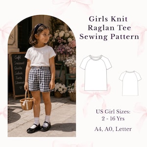 May include: A sewing pattern for a Girls Knit Raglan Tee featuring a white t-shirt, navy and white gingham shorts, and a small woven basket. The graphic includes technical line drawings of the shirt and text: Girls Knit Raglan Tee Sewing Pattern, US Girl Sizes: 2 - 16 Yrs, A4, A0, Letter.