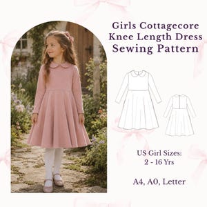 May include: A sewing pattern for a knee-length dress with long sleeves and a rounded collar. The image displays the text Girls Cottagecore Knee Length Dress Sewing Pattern, US Girl Sizes: 2 - 16 Yrs, and A4, A0, Letter, alongside a line drawing.