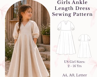 Girls V Neck Maxi Dress Sewing Pattern PDF | Bishop Sleeve Dress | Ages 2-16