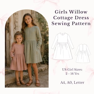 Mädchenkleid mit geraffter Taille (PDF-Schnittmuster), langärmeliges A-Linien-Kleid zum Selbermachen