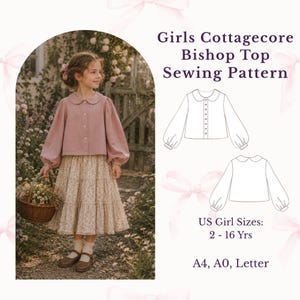 Girls Peter Pan Collar Blouse Sewing Pattern PDF | Bishop Sleeve Shirt | Button Front Top