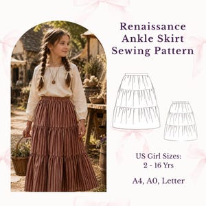Patrón de costura en PDF para falda maxi escalonada estilo renacentista para niñas / Cintura elástica con bolsillos / Tallas 2-16