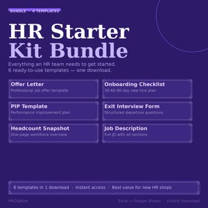 May include: A purple graphic with the text "HR Starter Kit Bundle" and the tagline "Everything an HR team needs to get started." The image lists six ready-to-use templates, including an offer letter and onboarding checklist.