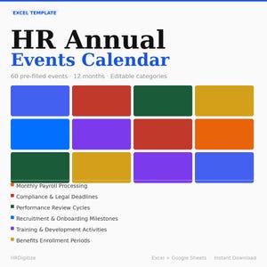 May include: A digital HR Annual Events Calendar template with a light blue background. The title is in bold black and blue text. The calendar features colored rectangular blocks and a list of HR event categories.