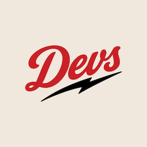 May include: A graphic design featuring the word Devs in a bold red script font, underlined by a sharp black lightning bolt shape. The text is centered on a light cream background, with the text Moyo Digital Factory and SVG PNG in the corners.