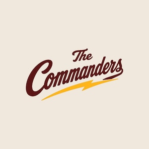 May include: A digital graphic design featuring the text The Commanders in a dark maroon cursive font, underlined by a sharp yellow lightning bolt graphic. The background is a solid off-white colour. The text MOYO DIGITAL FACTORY and SVG PNG appear.