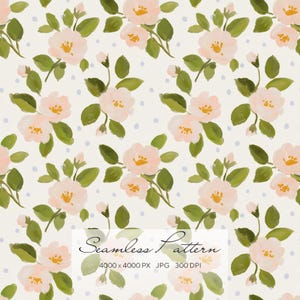 Puede incluir: Un patrón sin costuras de flores rosas con centros amarillos y hojas verdes, sobre un fondo crema con pequeños puntos azules. El texto "Seamless Pattern" se muestra en la parte inferior.