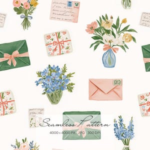 Può includere: Motivo ad acquerello con bouquet di fiori, scatole regalo con nastri, buste e note manoscritte. Il design include varie composizioni floreali in vasi e legate con nastri, il tutto su sfondo bianco. È incluso anche il testo "Seamless Pattern".