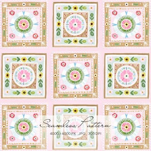 May include: A seamless pattern design featuring nine square tiles with a pink background. Each tile has a central pink flower surrounded by concentric circles and floral and leaf motifs in shades of blue, brown, and yellow. The text "Seamless Pattern" is at the bottom.