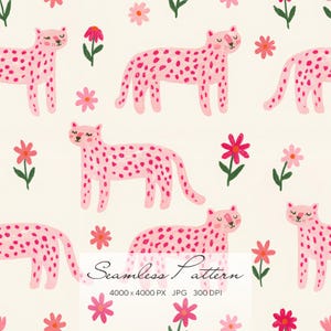 Pink Leopard Seamless Pattern, Cute Cheetah Floral Digital Paper, Whimsical Safari Animal Print for Kids