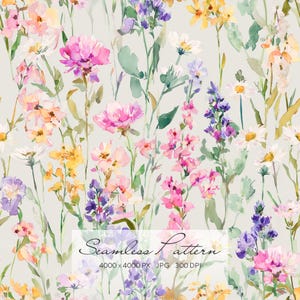 Puede incluir: Patrón floral continuo en acuarela con diversas flores rosas, moradas, amarillas y blancas. Las flores se colocan sobre un fondo verde claro. El texto "Seamless Pattern" se muestra en la parte inferior.