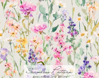 Seamless background with spring wildflowers in pastel tones, repeating wallpaper pattern, textile design, a girly repeating motif.