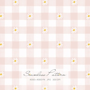 Puede incluir: Un patrón sin costuras con un diseño de cuadros de vichy rosa y blanco, adornado con margaritas blancas espaciadas uniformemente con centros amarillos. Las palabras "Seamless Pattern" están escritas en cursiva. La resolución de la imagen es de 4000 x 4000 PX, JPG, 300 DPI.