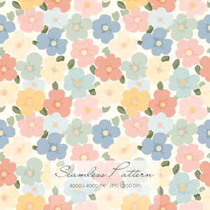 Puede incluir: Un patrón floral sin costuras con flores en colores pastel: melocotón, rosa, azul, amarillo y verde. Las flores están dispuestas sobre un fondo crema. El texto "Seamless Pattern" está en la parte inferior.