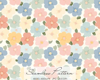 Retro Floral Seamless Pattern, Pastel Flower Digital Paper, Vintage Scandi Floral Print, Spring Blossom Repeat, Soft Color Flower Background