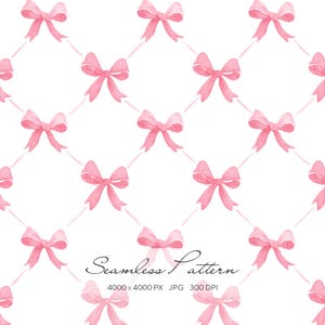 Peut inclure: Motif sans couture avec des nœuds roses à l'aquarelle sur fond blanc. Les nœuds sont disposés en grille et reliés par des lignes claires. Le texte "Seamless Pattern" est en bas de l'image.