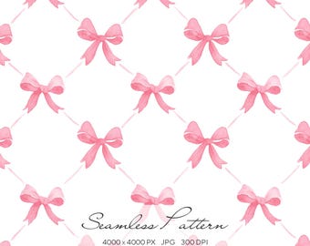 Pink Bow Seamless Pattern, Coquette Ribbon Digital Paper, Feminine Girly Background, Watercolor Bows Print, Cute Pastel Pattern Download