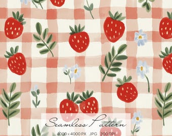 Strawberry Gingham Seamless Pattern, Cottagecore Picnic Digital Paper, Cute Fruit Floral Repeat for Fabric, Wallpaper, Scrapbooking