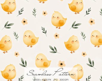 Baby Chick Seamless Pattern, Cute Easter Digital Paper, Yellow Chick Nursery Pattern, Spring Baby Animal Background, Soft Watercolor Repeat