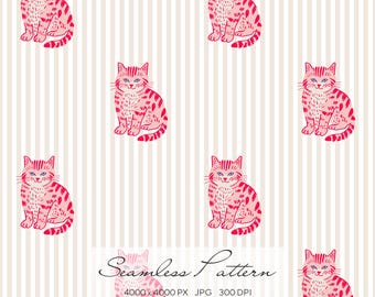 Pink Cat Seamless Pattern, Cute Kitty Stripe Print, Whimsical Animal Pattern, Nursery Fabric Design, Girly Pet Illustration Digital Paper