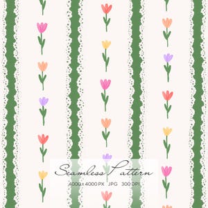 Op de afbeelding: Een naadloos patroon met kleurrijke tulpen in roze, oranje, geel en paars, verticaal gerangschikt op een crèmekleurige achtergrond. Groene verticale strepen met witte kantachtige randen omlijsten het bloemmotief. De tekst "Seamless Pattern" staat onderaan.