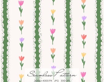 Seamless Floral Stripe Pattern, Tulip Scandinavian Digital Paper, Spring Cottagecore Repeat for Fabric & Wallpaper