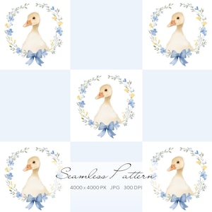 Cute Duckling Seamless Pattern, Baby Duck Floral Wreath Repeat Design, Nursery Animal Surface Pattern
