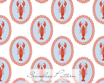 Lobster Seamless Pattern, Nautical Coastal Digital Paper, Coral Blue Seafood Repeat,