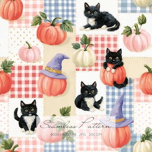Nahtloses Halloween-Katzenmuster, Stoff mit schwarzer Katze und Kürbis, Aquarell-Herbstmuster, Vichy-Patchwork-Design, Herbsttextilien