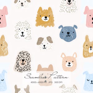 May include: A seamless pattern featuring various dog illustrations in pastel colors. The dogs have different fur textures and colors, including pink, blue, tan, and brown. The text "Seamless Pattern" is at the bottom.
