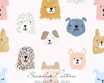 Cute Dog Seamless Pattern, Playful Puppy Repeat Design, Hand Drawn Animal Surface Pattern