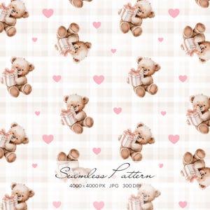 Puede incluir: Patrón sin costuras con osos de peluche de acuarela sosteniendo regalos y corazones rosas sobre un fondo a cuadros beige claro. El texto "Seamless Pattern" está en la parte inferior. La imagen es de 4000 x 4000 píxeles a 300 DPI.