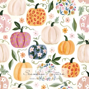 Puede incluir: Un patrón continuo con varias calabazas sobre un fondo blanco. Las calabazas incluyen colores crema, naranja y rosa, algunas con estampados florales blancos, lunares amarillos o manchas de leopardo naranjas, intercaladas con hojas verdes.
