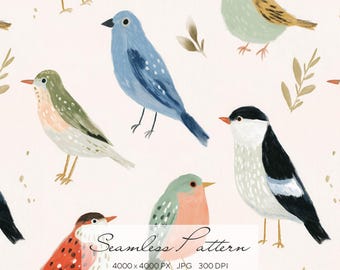 Hand Painted Bird Seamless Pattern, Cute Woodland Birds Repeat for Nursery Wallpaper, Fabric & Wrapping Paper