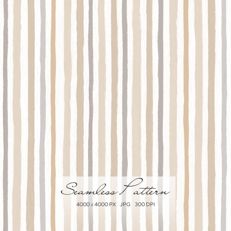 Op de afbeelding: Naadloos patroon met verticale strepen in beige, grijs en wit. De strepen hebben een handgeschilderde uitstraling. De tekst "Seamless Pattern" is in cursief geschreven. Afmetingen afbeelding: 4000 x 4000 PX, JPG, 300 DPI.