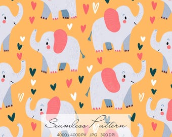 Cute Elephant Seamless Pattern, Baby Elephant Print, Nursery Animal Pattern, Kids Fabric Design, Safari Animals, Digital Download