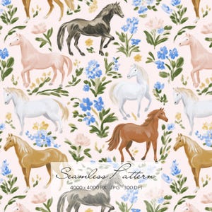 May include: A seamless pattern design with illustrations of horses in shades of brown, white, and grey, set against a light pink backdrop with blue and pink floral accents. The text "Seamless Pattern" is at the bottom.